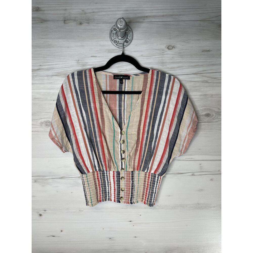 Derek Heart Shirt Womens Large Striped V Neck Smocked Waist Button Front Cropped